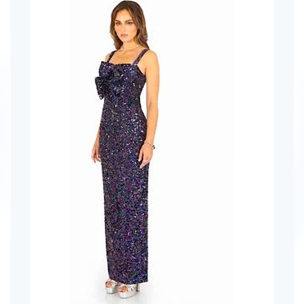Black halo eve purple sequin dress prom elegant with two bows in front